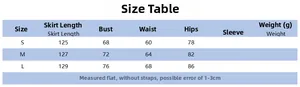 Detailed size table for women slim long dress showing bust waist and hip measurements