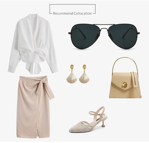 Collage of chic aviator sunglasses, white top, beige skirt, and elegant pearl accessories