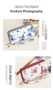 Detail of double zipper women wallet with blue and red butterfly print in textured leather