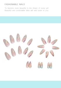 Fashionable long almond press-on nails with colorful wavy patterns and gold glitter detail