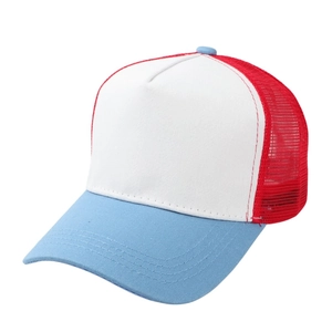Detail of tricolor trucker hat with blue brim, white front, and red breathable mesh back