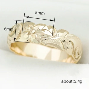 Textured 18K gold rose flower band ring with 6mm by 8mm tropical floral engraving