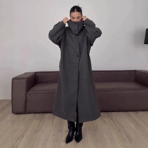 Women's dark grey oversized wool coat with high stand collar and large pockets