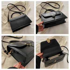Vues détaillées d'un sac noir en cuir PU avec structure carrée et boucle ronde dorée