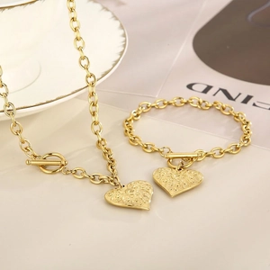 Retro Stainless Steel Heart Pendant Toggle Clasp Necklace And Bracelet Punk Hip Hop Fashion Jewelry For Women