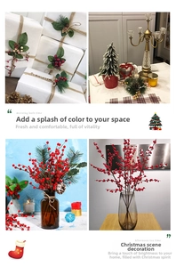 Various Christmas decoration ideas using red pip berries and realistic pine cone stems
