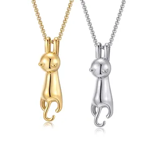 Minimalist long cat pendant necklaces in polished gold and silver stainless steel