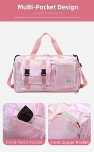 Pink holographic travel bag featuring water-resistant material and multi-pocket design