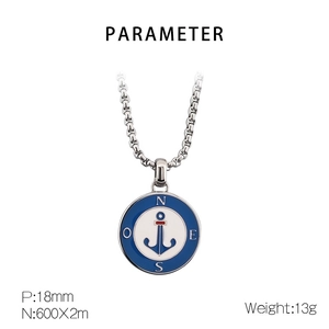 Detail showing 18mm blue enamel compass anchor pendant with 600mm stainless steel chain