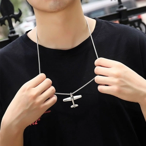 Hip hop silver airplane pendant necklace with box chain for men and women minimalist fashion