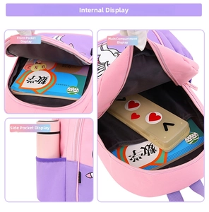 Detail view of pink unicorn backpack showing side pocket and spacious inner compartment