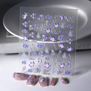 Purple Floral 5D Embossed Nail Art Stickers Waterproof Adhesive Lavender Flower Decals Ultra Thin Manicure For Women DIY Elegant