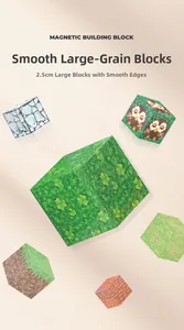Macro view of 2.5cm magnetic pixel cubes with grass, stone, and owl textured patterns
