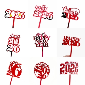 Happy New Year 2026 Cake Topper Acrylic Mirror Gold Red Cheers To 2026 Party Decoration For New Year's Eve