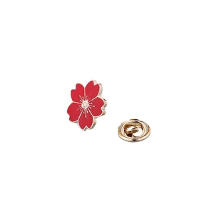 Japanese style red cherry blossom enamel brooch pin with gold plating and butterfly clasp