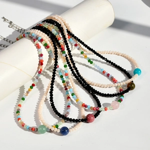 Boho Beaded Choker Necklace Women Y2K Faceted Crystal And Natural Stone Geometric Jewelry Adjustable Chain