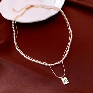 Collana Di Künstliche Perle A Doppio Strato Rame Placcato Oro 14K Catena A Serpente Ciondolo Quadrato Good Luck Gioielli Vintage Eleganti