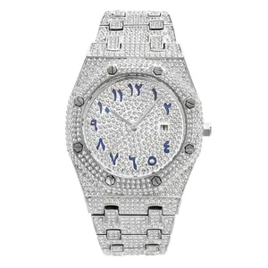 Luxury Men Quartz Watch Iced Out Full Diamond Stainless Steel Waterproof Date Arabic Numerals Octagonal Hip Hop Style