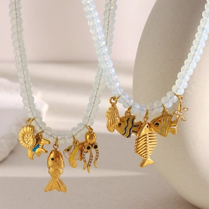 Collier Perles Acier Inoxydable Plaqué Or 18 Carats Pendentif Vie Marine Avec Perles Opale Coquillage Étoile De Mer Bijoux Bohème