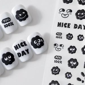 Autocollants 3D pour ongles avec nuages noirs mignons et motifs de texte NICE DAY