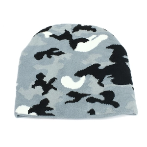 Close-up of camouflage knitted beanie showing grey, black and white textured fabric
