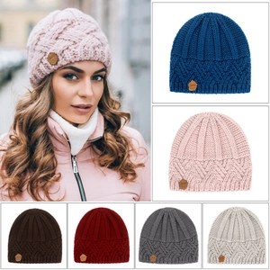 Chunky Knit Beanie Hat Warm Winter Windproof Retro Polyester Cap With Leather Label For Men Women Unisex Accessory