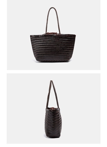 Detail of dark brown hand-woven leather tote bag with drawstrings and textured weave
