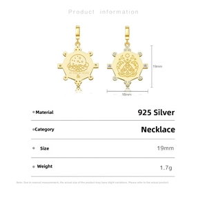 Detail of 925 sterling silver sun and moon pendant with dimensions and features