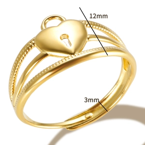 Detail view of gold V-shaped ring with 12mm heart padlock charm and beaded split band