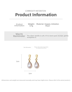 Detailed view of teardrop pearl earrings showing 3cm height and 1cm width dimensions