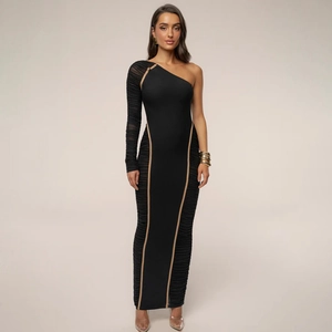 One Shoulder Maxi Dress Mesh Ruched Long Sleeve Asymmetrical Bodycon Party Banquet Sexy Streetwear Slim Fit Women