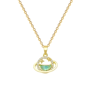 Elegant gold celestial necklace with planet pendant, green stone and zircon star details