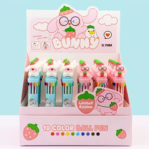 Detail of cute strawberry rabbit 3D toppers on 10-color retractable ballpoint pens