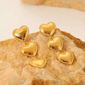 Triple Heart Drop Earrings 18K Gold Plated Stainless Steel Beaded Edge Geometric Dangle Jewelry For Women Elegant Ins Style