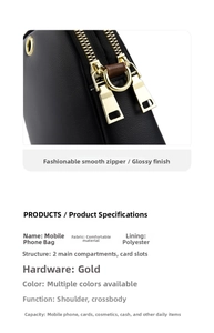 Detailed close-up of premium gold zipper hardware on a black synthetic leather mobile bag