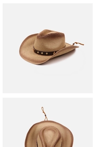 Detail view of a vintage brown straw cowboy hat featuring a studded leather band and cord