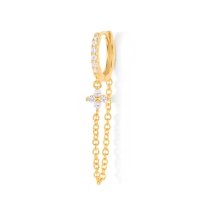 Detailed close-up of a gold petal crystal flower earring with long fringe tassels