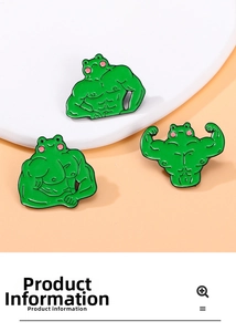 Detail view of muscular cartoon frog enamel pin set in three funny fitness poses