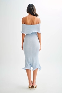Rear view of light blue off-shoulder knitted dress showing vertical rib texture details