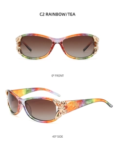 Detailed view of Y2K polarized sunglasses with rainbow frames and gold butterfly accents