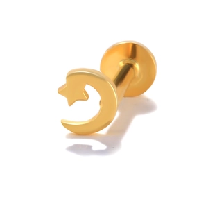 Detailed close-up of a gold-plated S925 silver labret stud with moon and star design