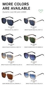 Detailed grid display of square sunglasses in 8 different colors with UV400 protection