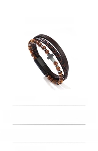 Detailed view of multilayer tiger eye stone bracelet with metal cross and PU leather band