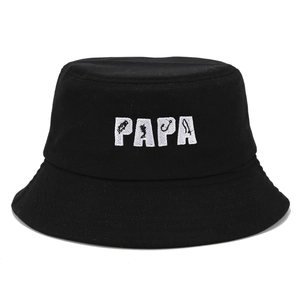 Black cotton bucket hat with white PAPA fishing embroidery and creative fish hook design