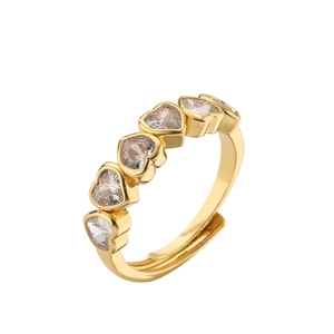 Gold adjustable ring featuring five heart-shaped crystals in a minimalist open design