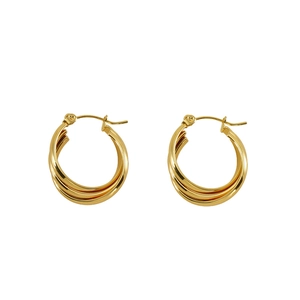 Minimalist gold triple hoop earrings featuring an intertwined geometric line design