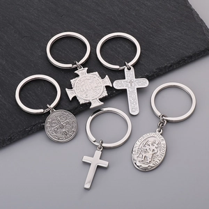 Stainless steel religious cross keychains with Saint Benedict and Saint Christopher medals