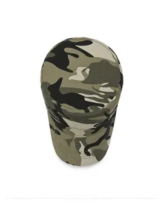 Top view of camouflage cadet cap showing durable cotton fabric and reinforced stitching