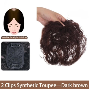 Synthetic hair toupee hairpiece for women thin hair top volume dark brown 2 clips lightweight