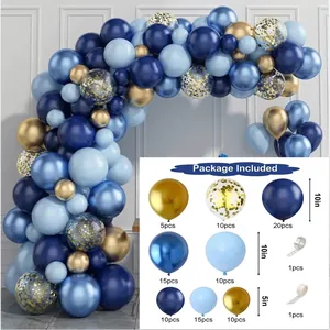 Balloon arch kit contents with metallic blue, navy, and gold balloons for party decoration